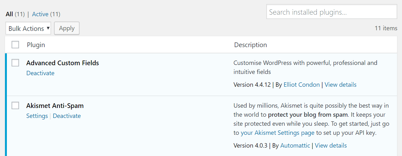 A WordPress plugins tab.