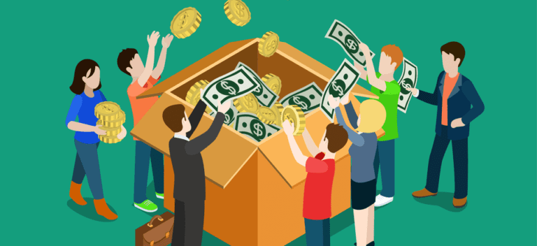 Several persons throwing money into a box.