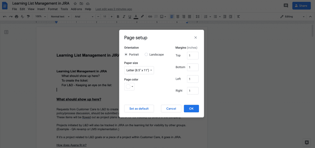 Page Setup menu in Google Docs