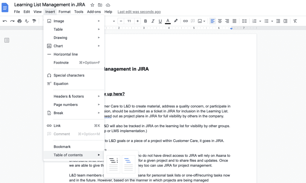 table of contents inside a Google Doc