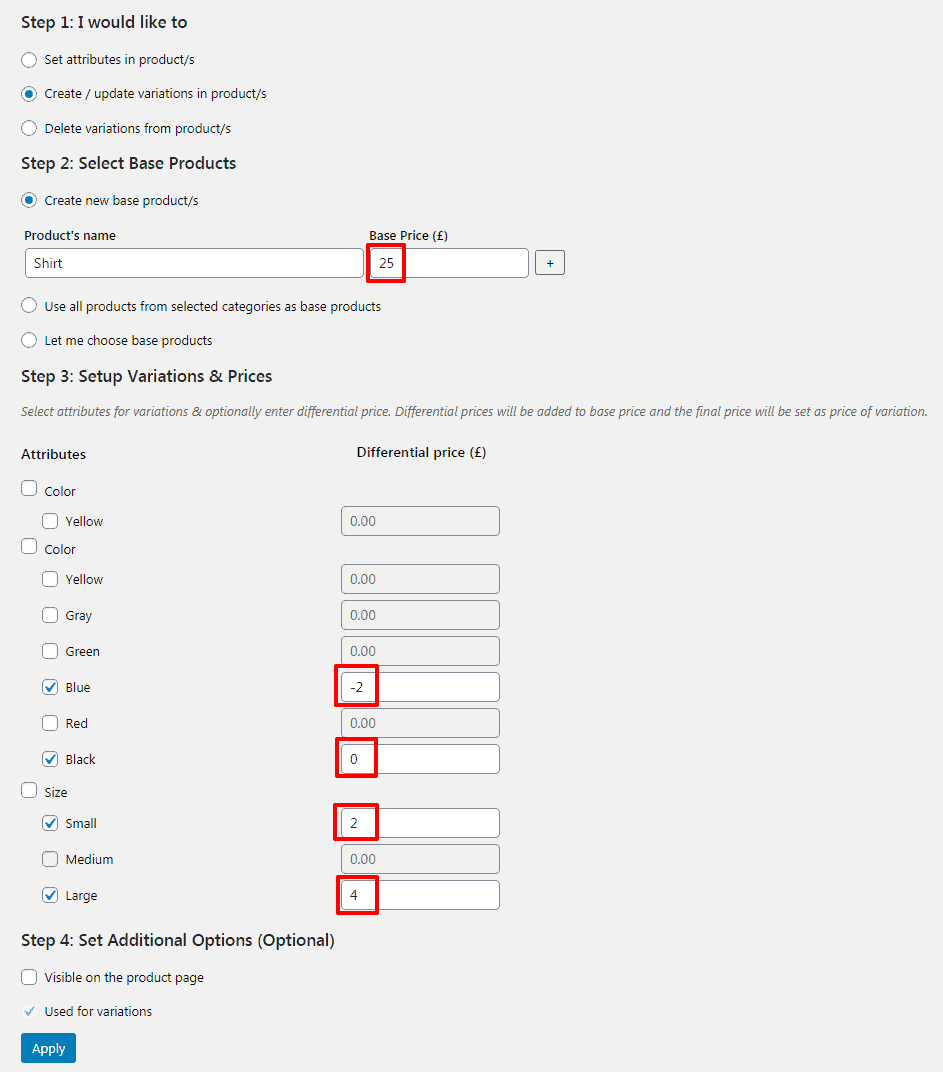 Bulk Variation Options Page