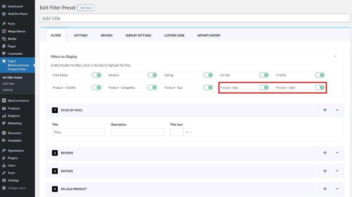 Super Woo Product Filter Setup Dashboard