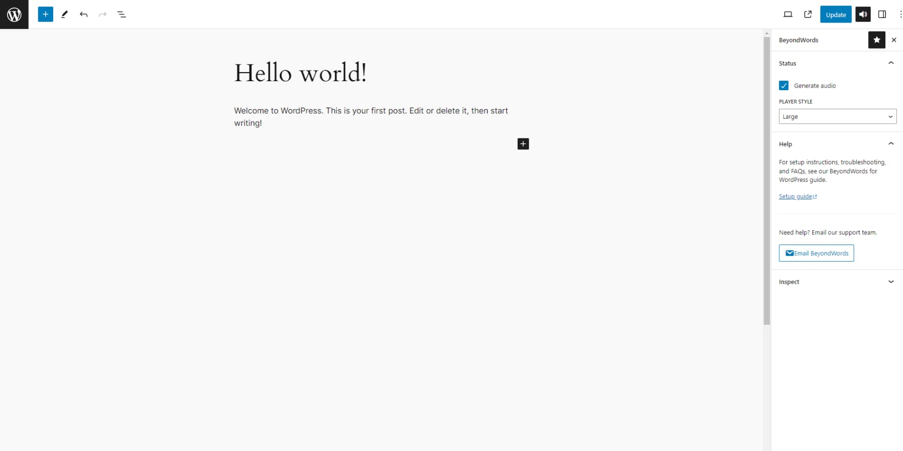 A screenshot of BeyondWords' WordPress plugin's user interface
