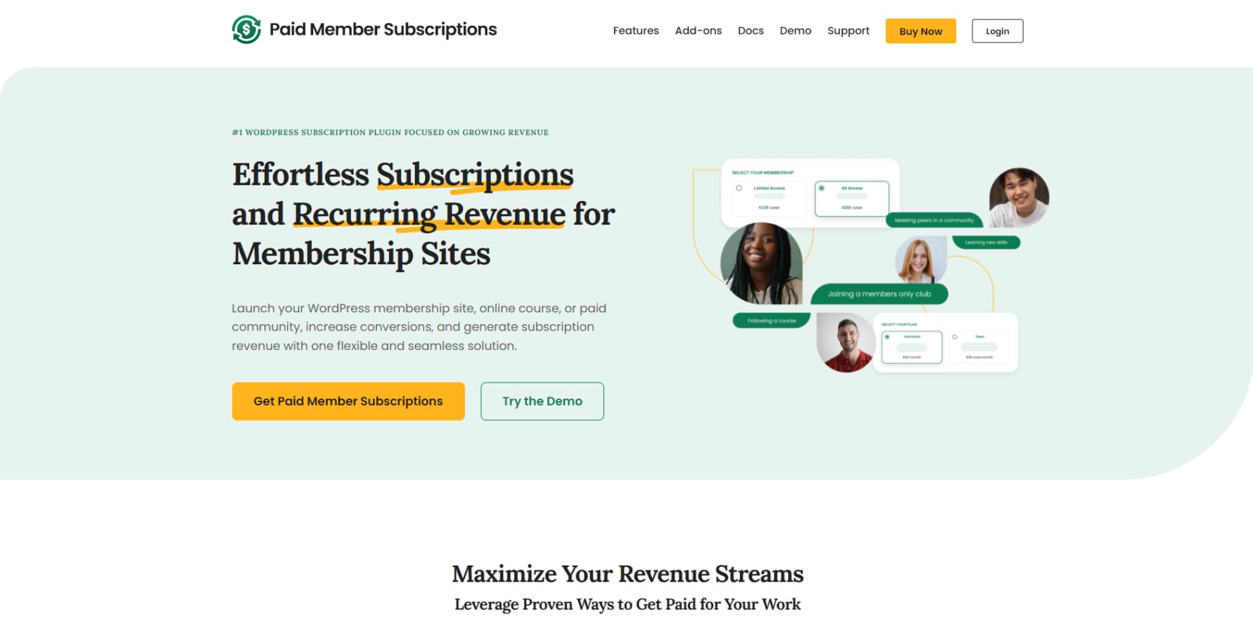 A screenshot of Paid Member Subscriptions' homepage