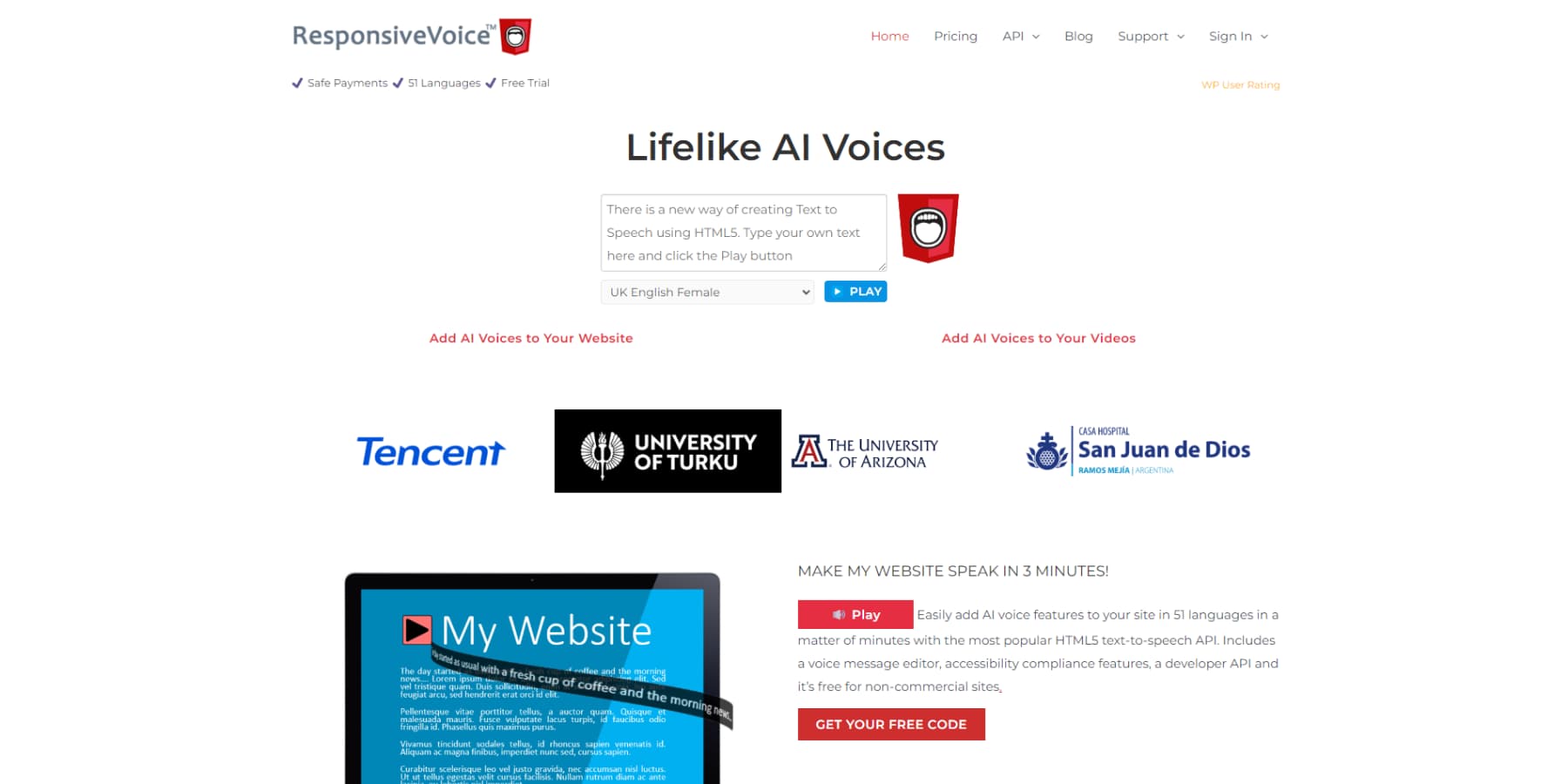 A screenshot of ResponsiveVoice's home page