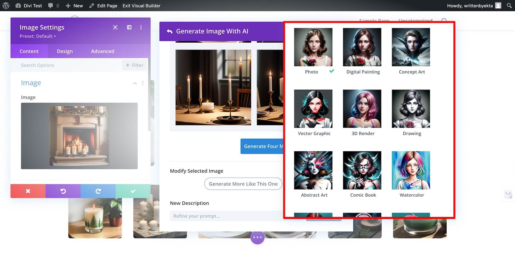 divi AI with many style options to customize image with ai
