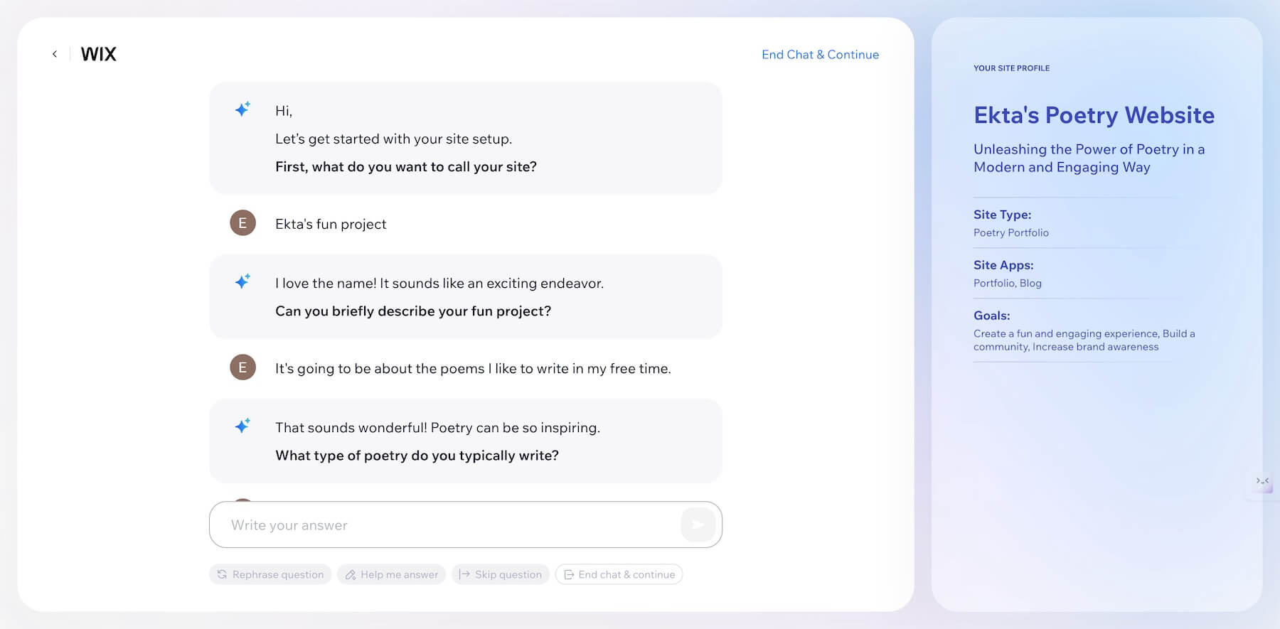 wix ai chatbot generating websites by asking questions