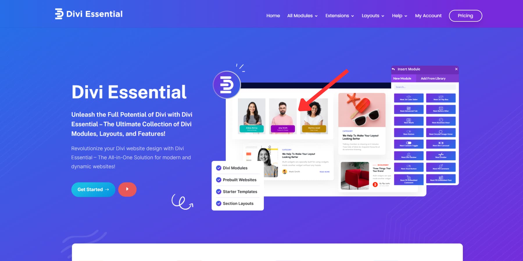 A screenshot of Divi Essential's Homepage