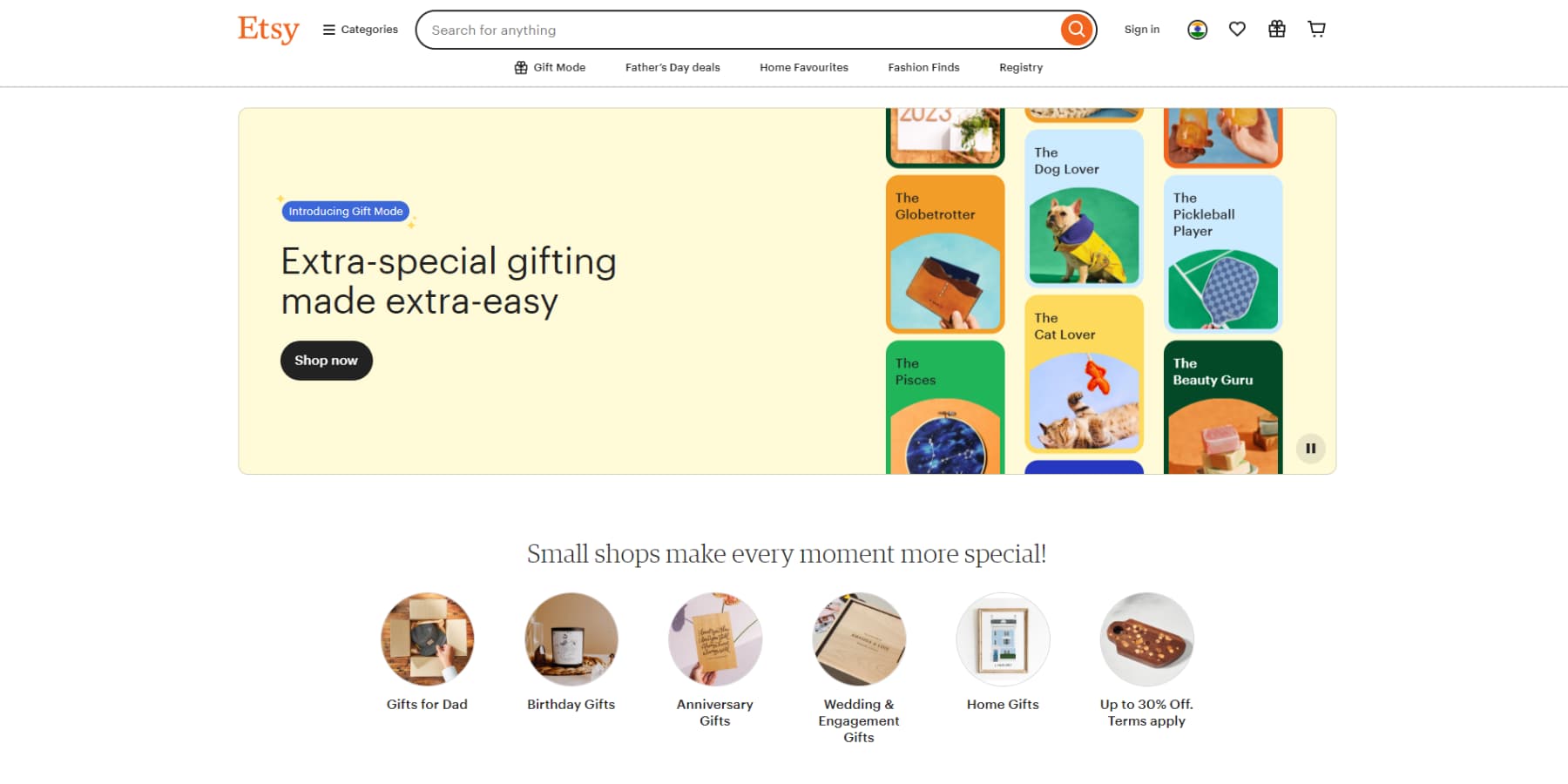 A screenshot of Etsy's homepage