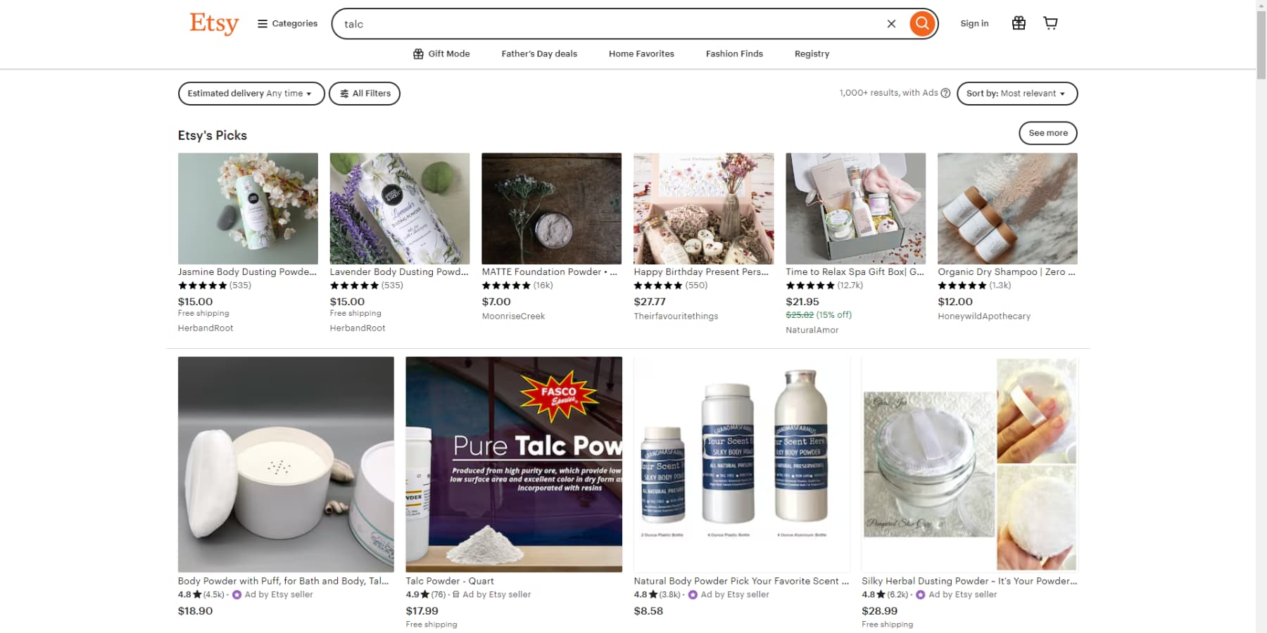 A screenshot of Etsy's storefront