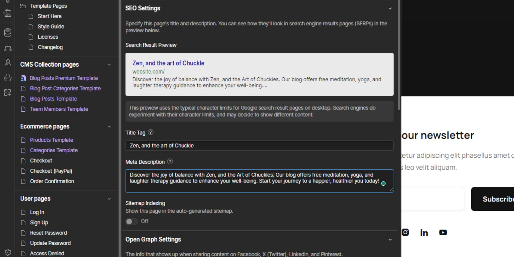 A screenshot of Webflow's SEO settings