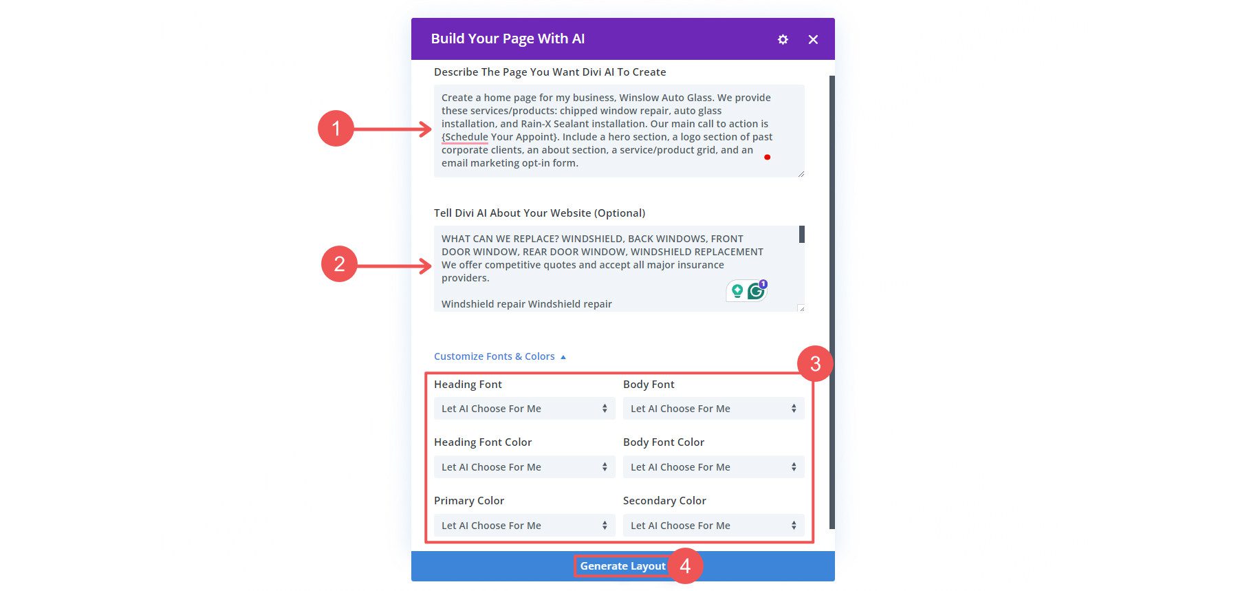 Divi AI Small Business AI Prompt to Create Page