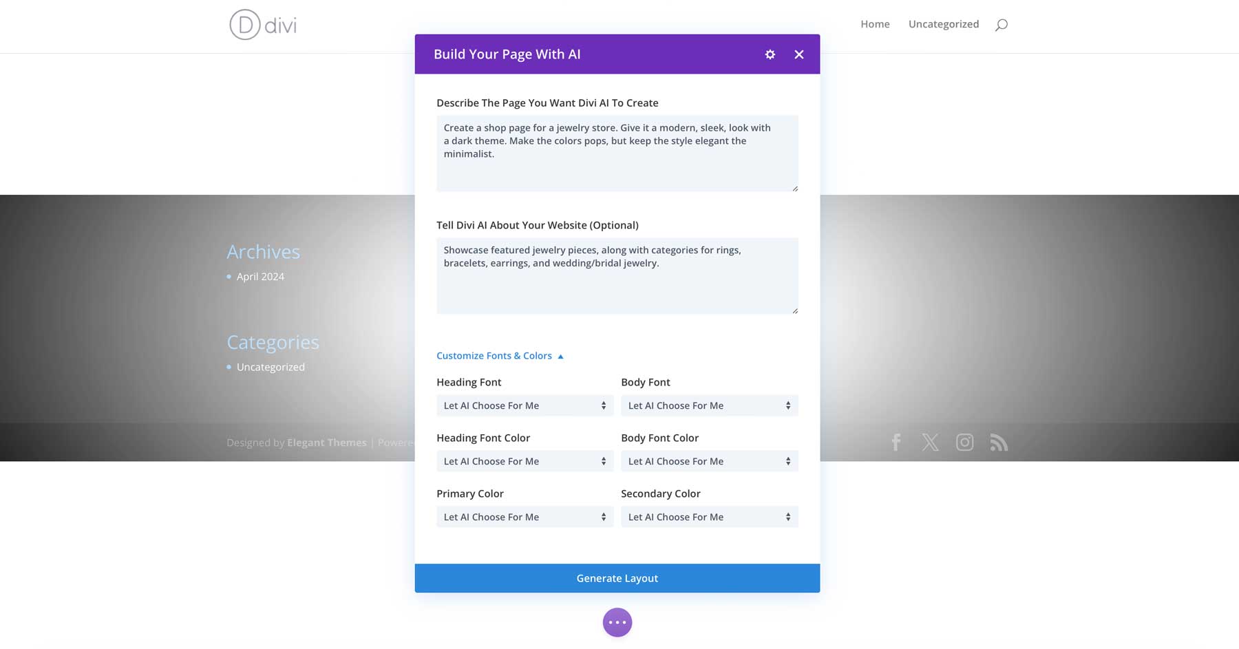 generate layout with Divi AI