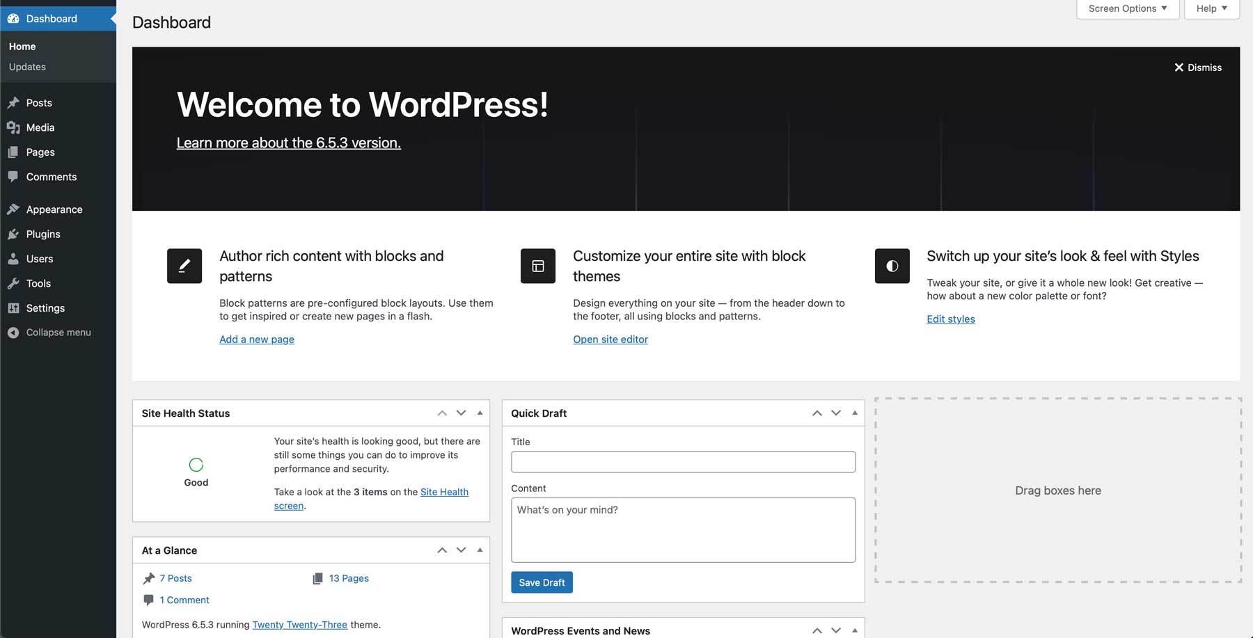 WordPress dashboard