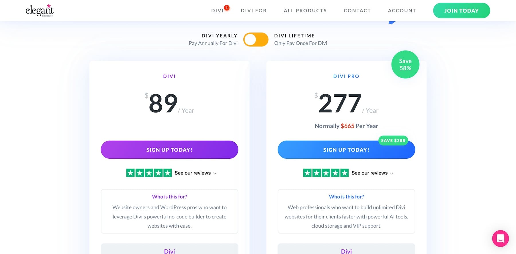 divi yearly pricing plans