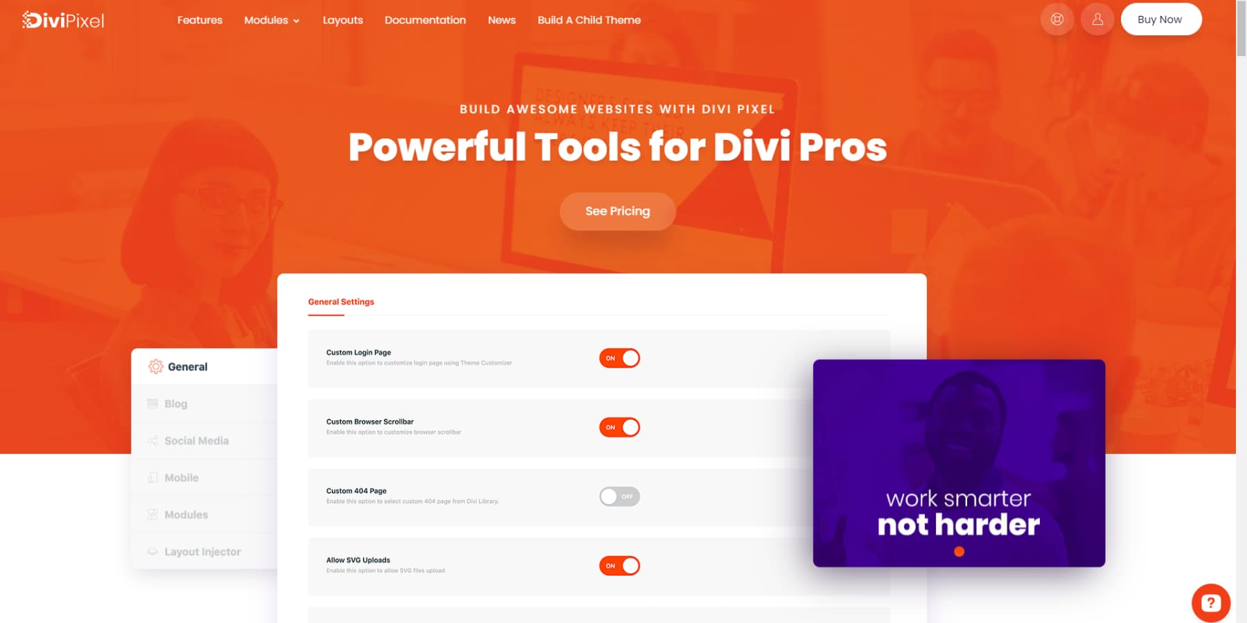 A screenshot of Divi Pixel's home page