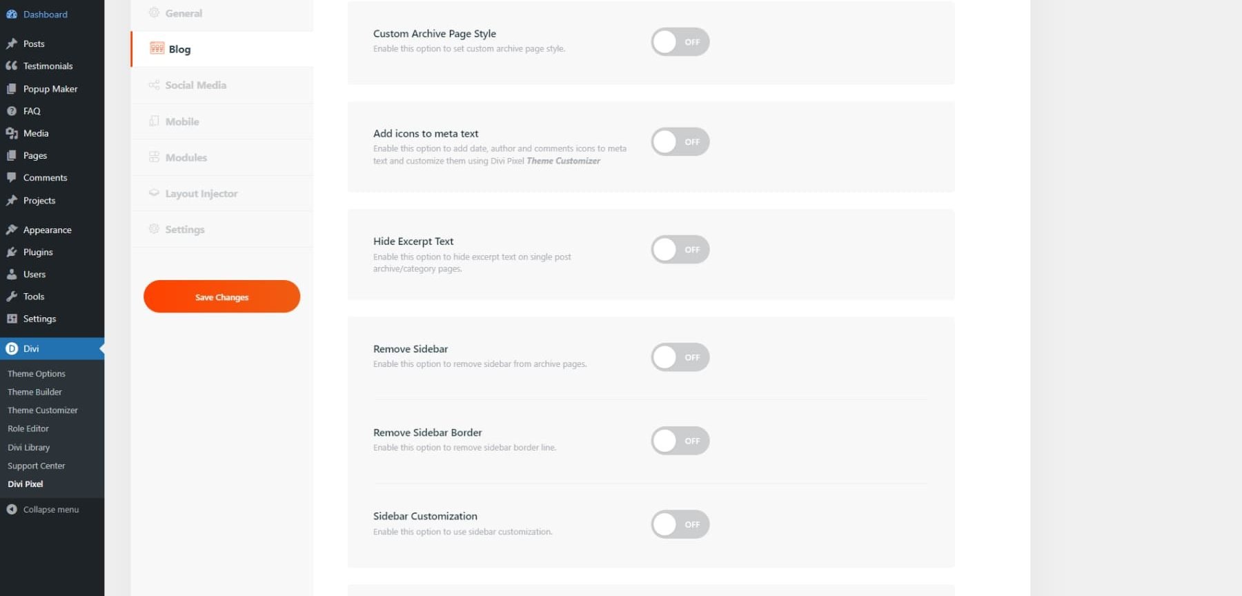 A screenshot of Divi Pixel's settings' blog tab