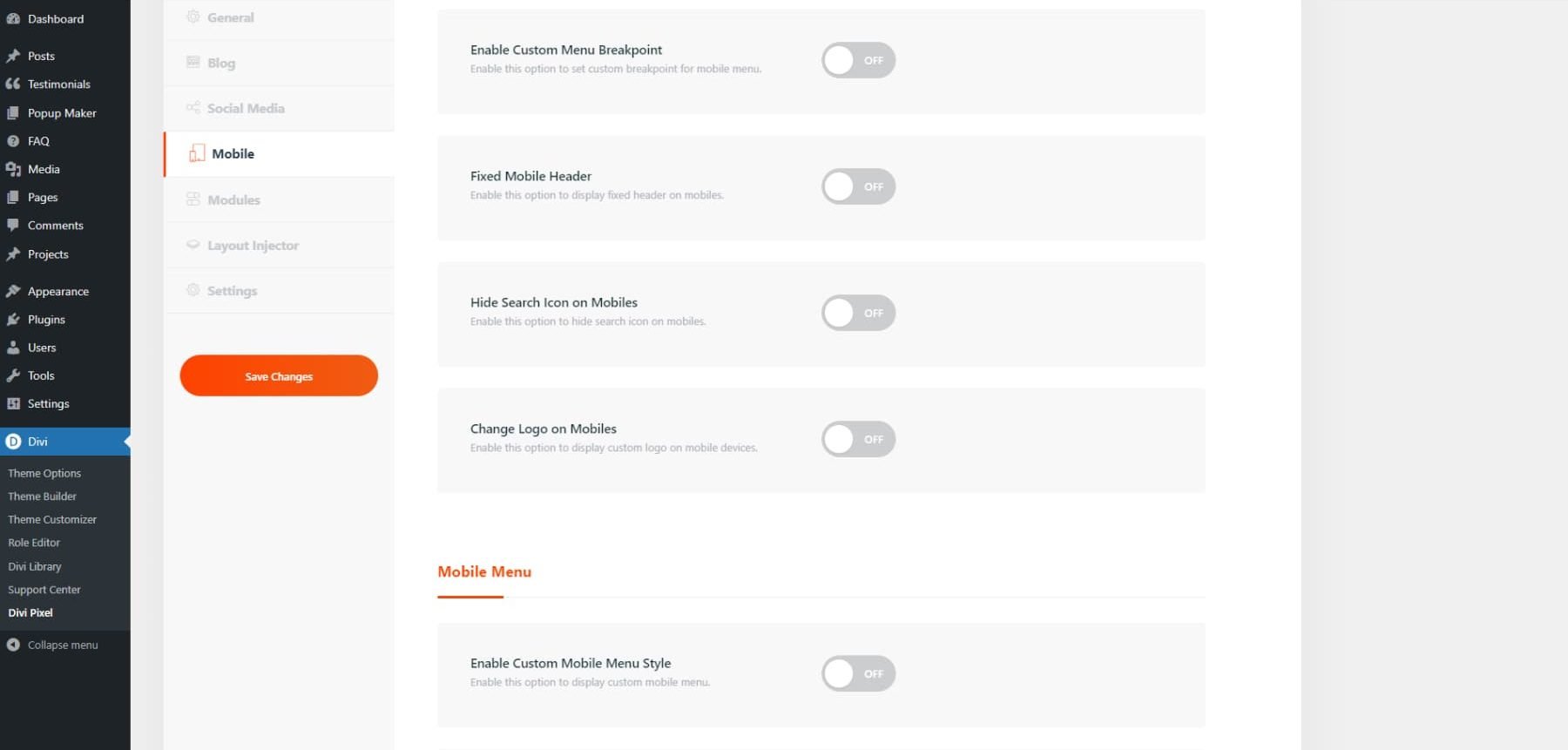 A screenshot of Divi Pixel's settings' mobile tab