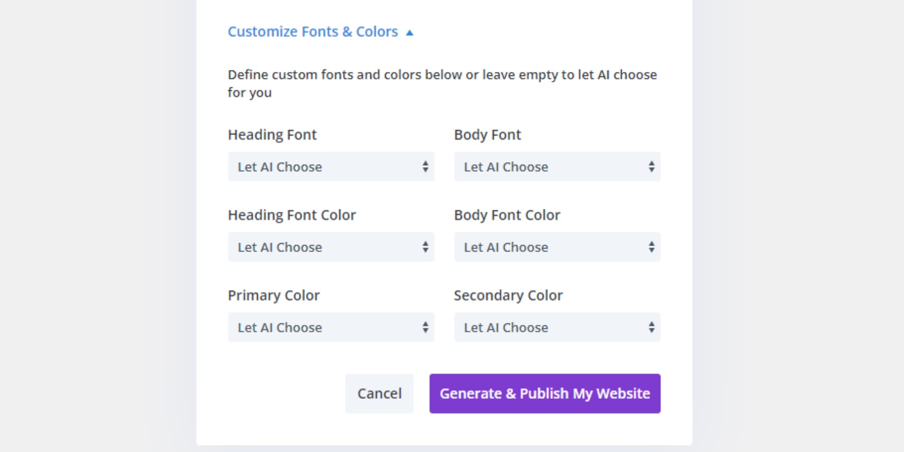 A screenshot of Divi Quick Sites' Customize Fonts & Colors options