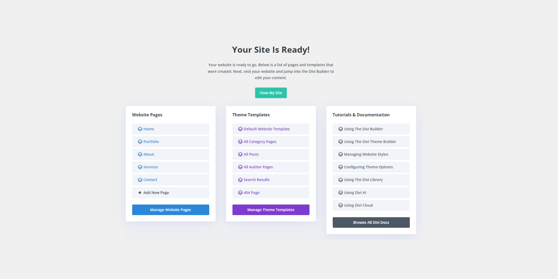 A screenshot of Divi Quick Sites' dashboard after designing a website