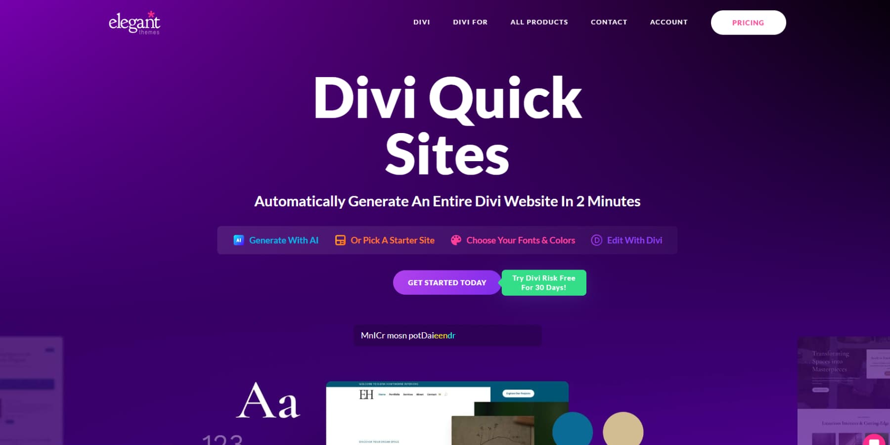 A screenshot of Divi Quick Sites' home page
