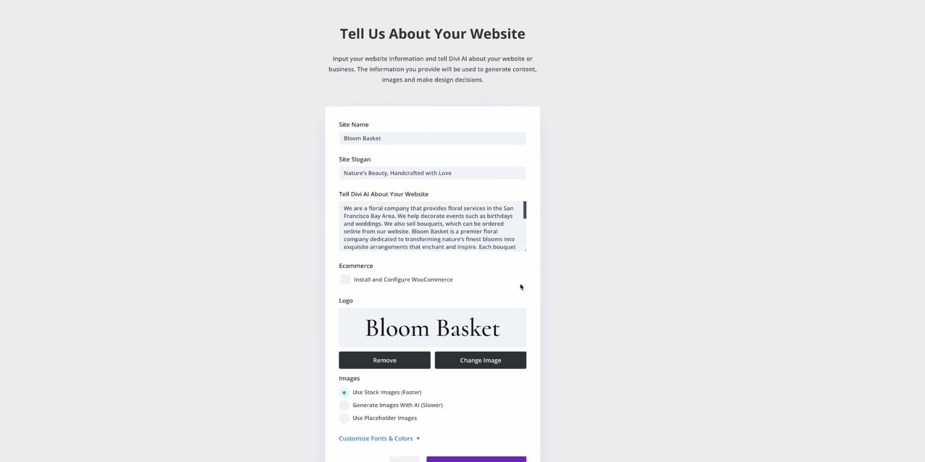 A screenshot of Divi's New Quick Sites AI in action