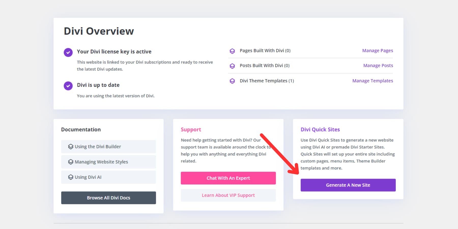 A screenshot of Divi's option to generate a new site on dashboard