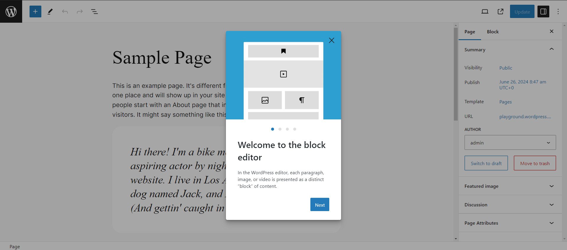 Block Editor Welcome Screen for First Time Users