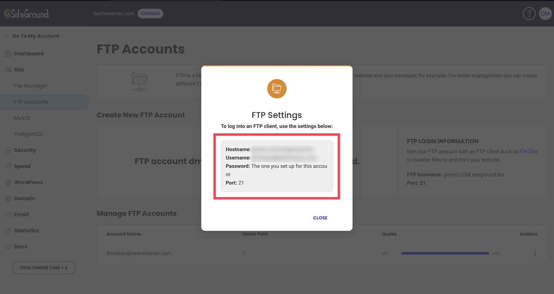 SiteGround FTP settings