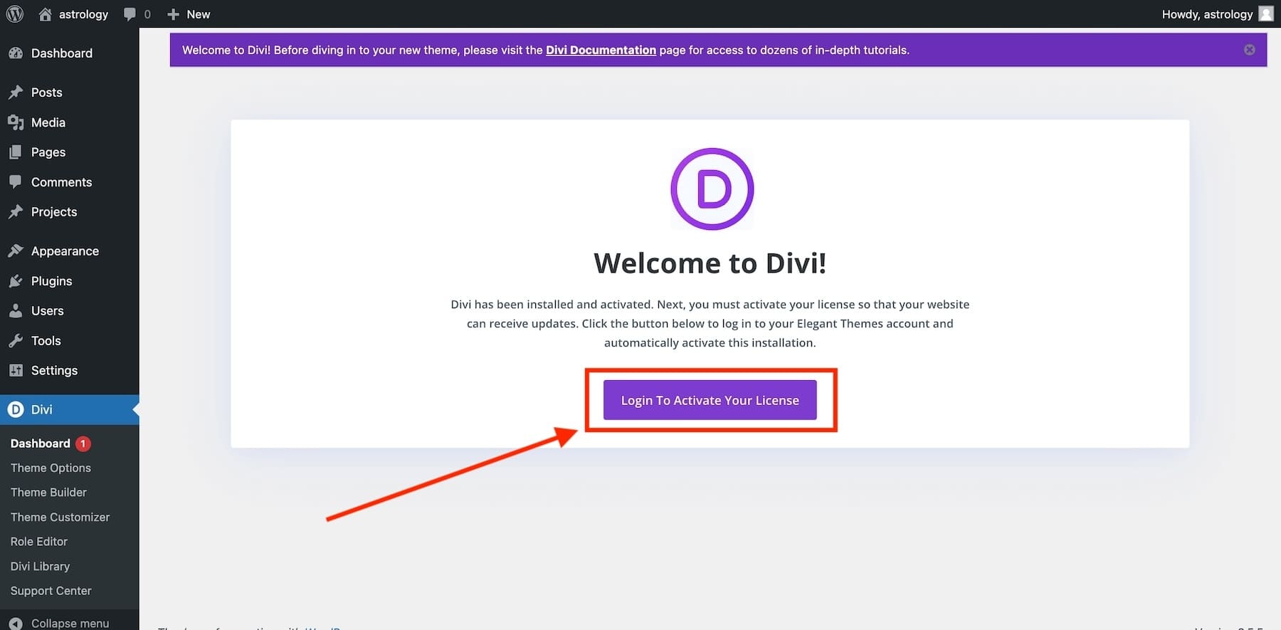 login to activate your divi license