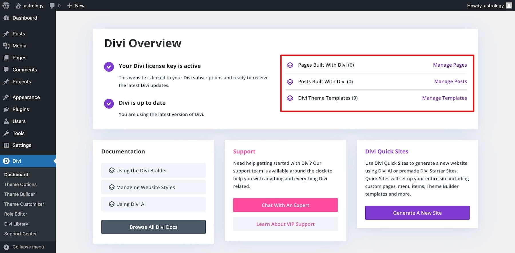 divi dashboard to view pages anytime