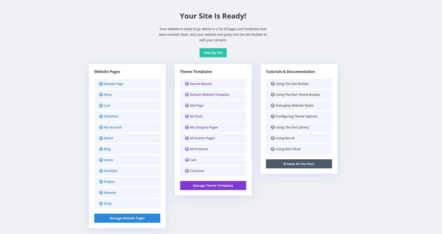 Divi Starter Site Overview Page