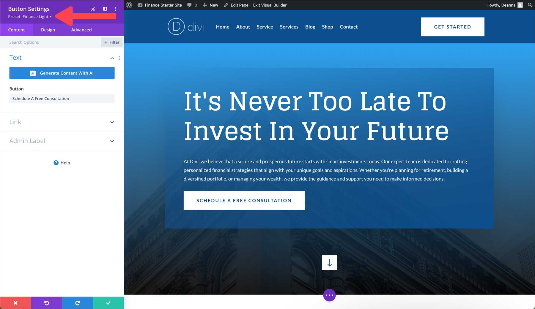 Finance starter site for Divi