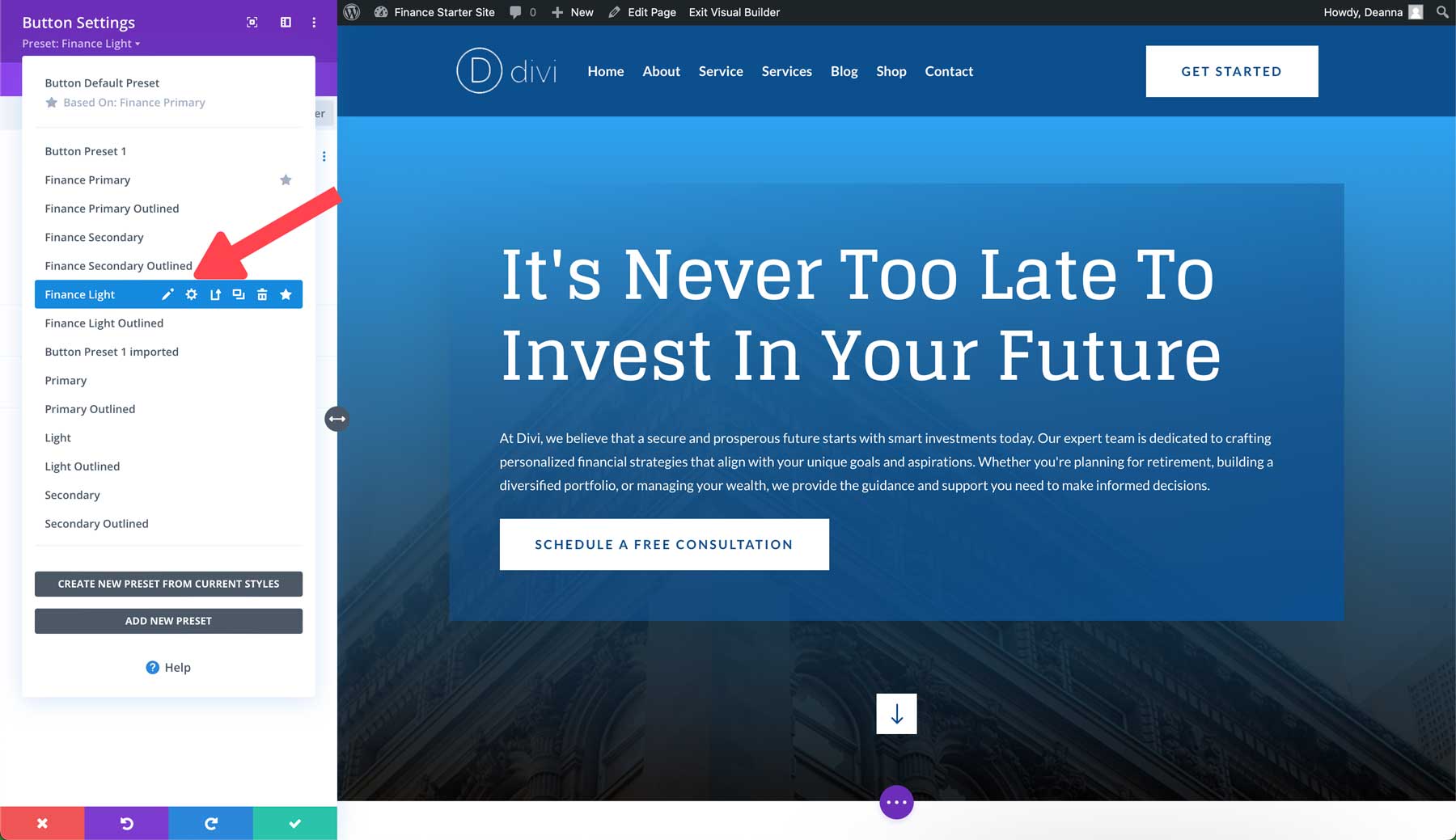 Finance starter site for Divi