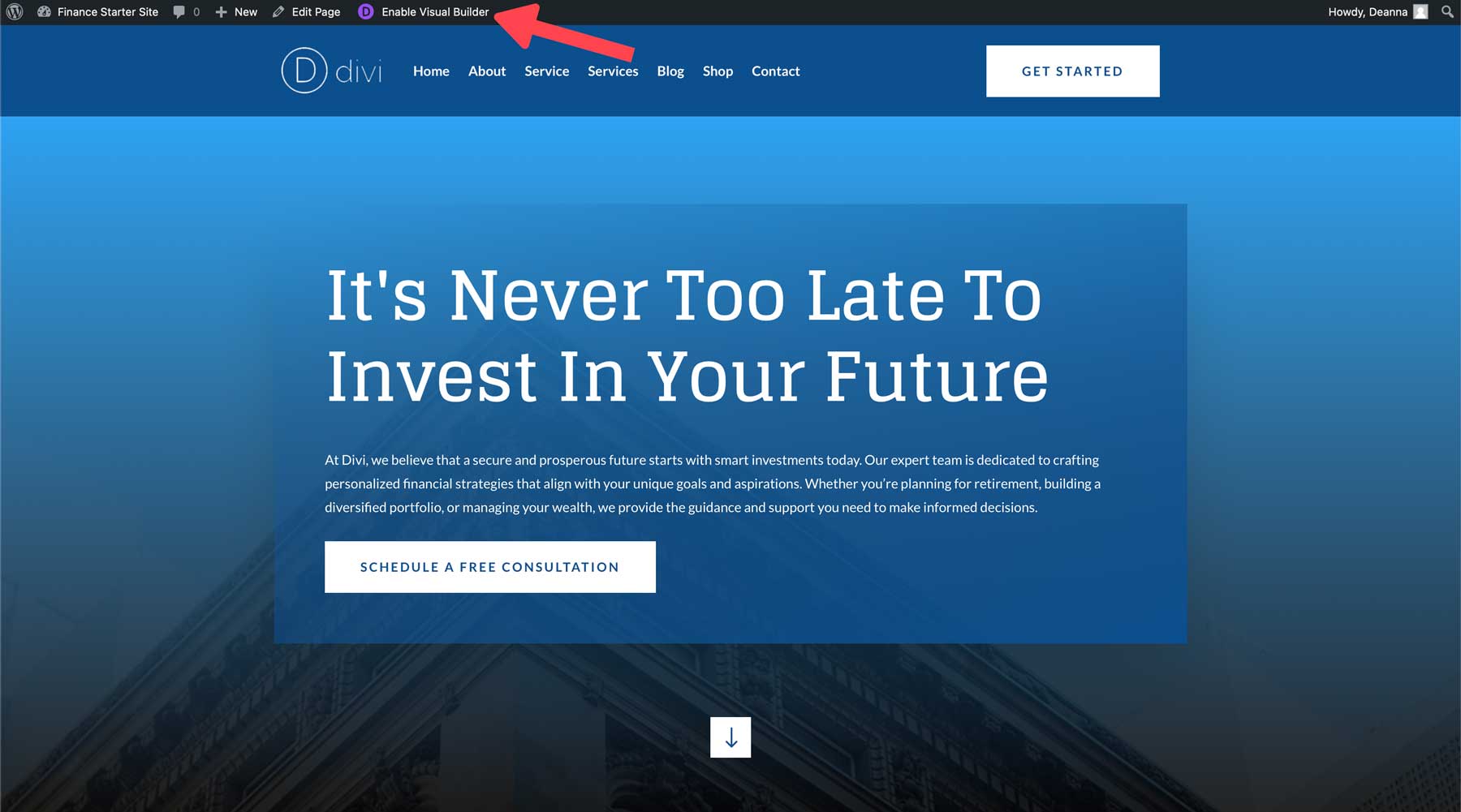 Finance starter site for Divi