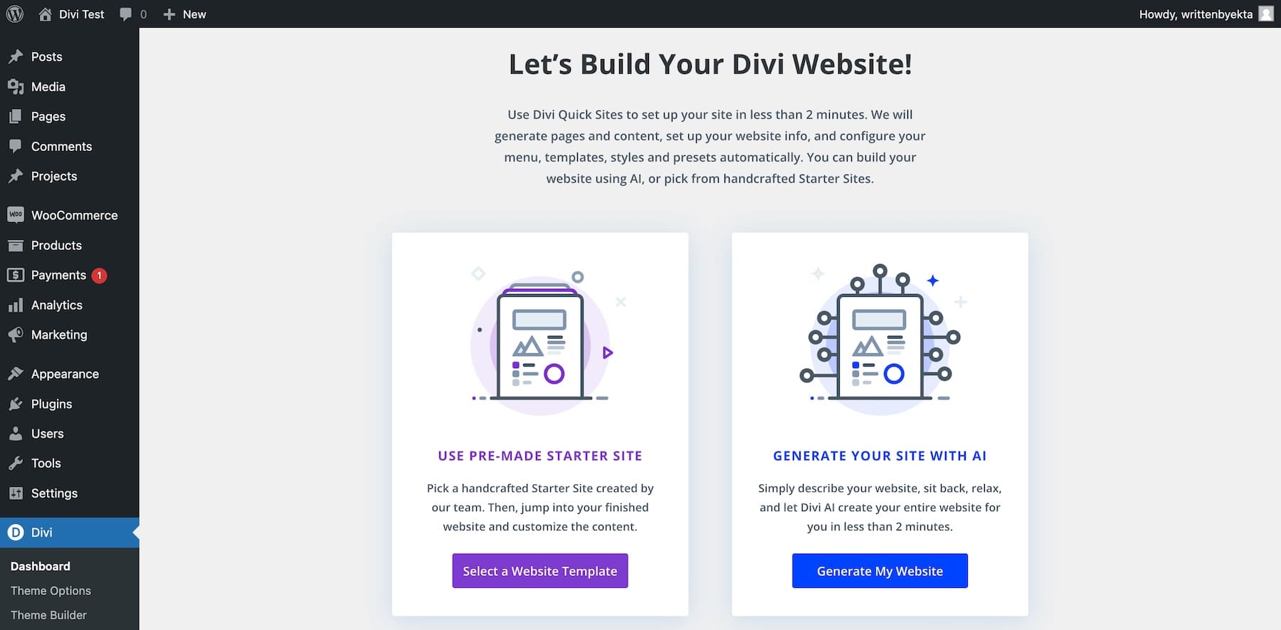 generate site in two ways: divi ai and starter sites