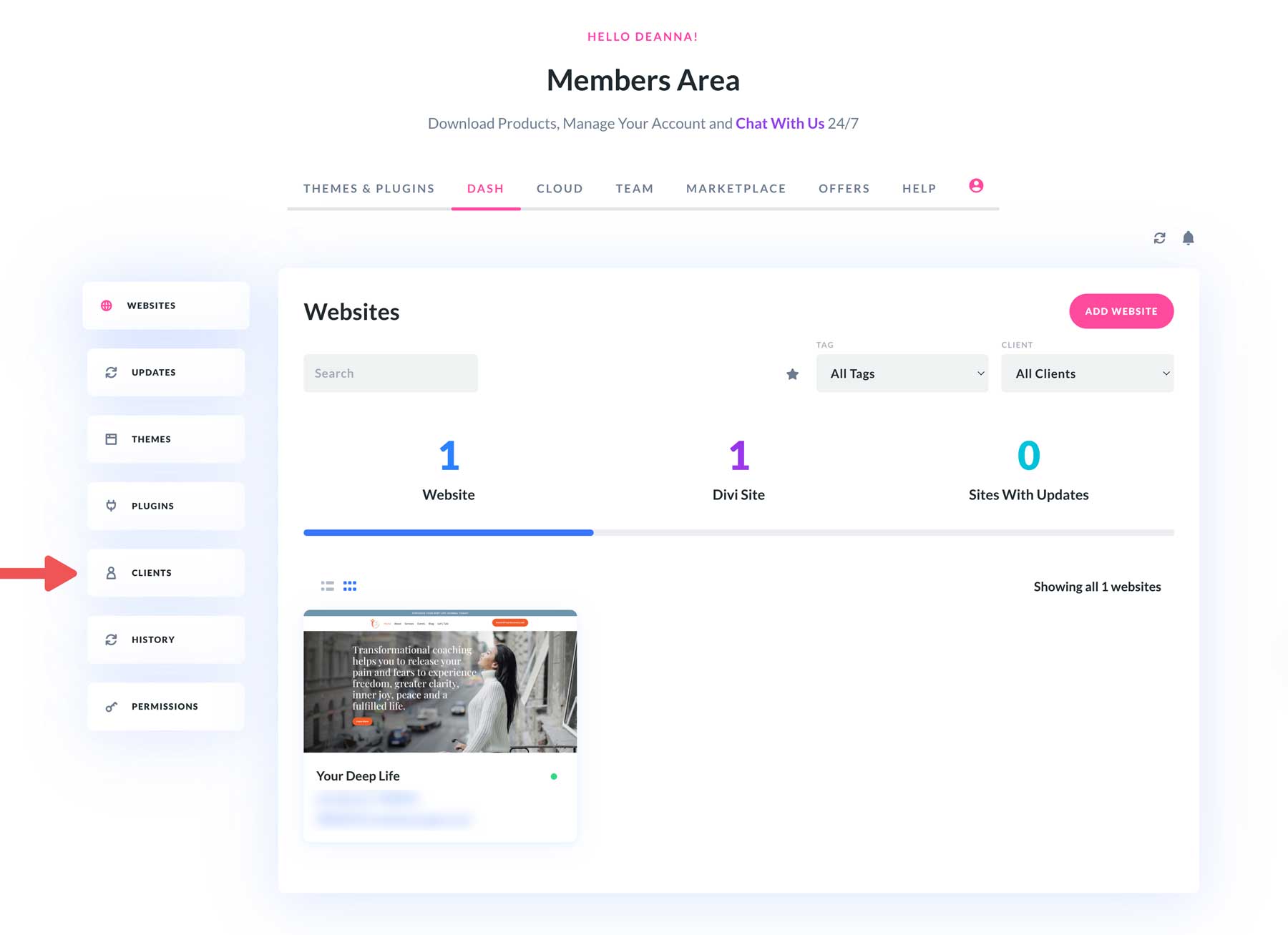 Divi Dash client tab