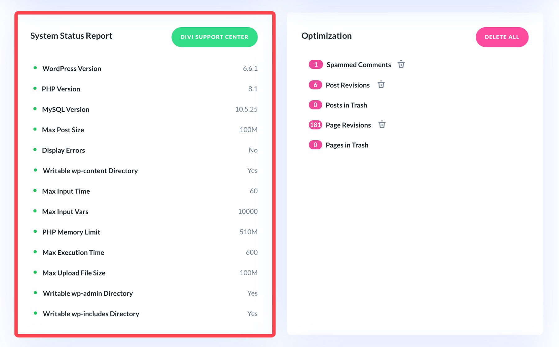 Divi Dash system status report