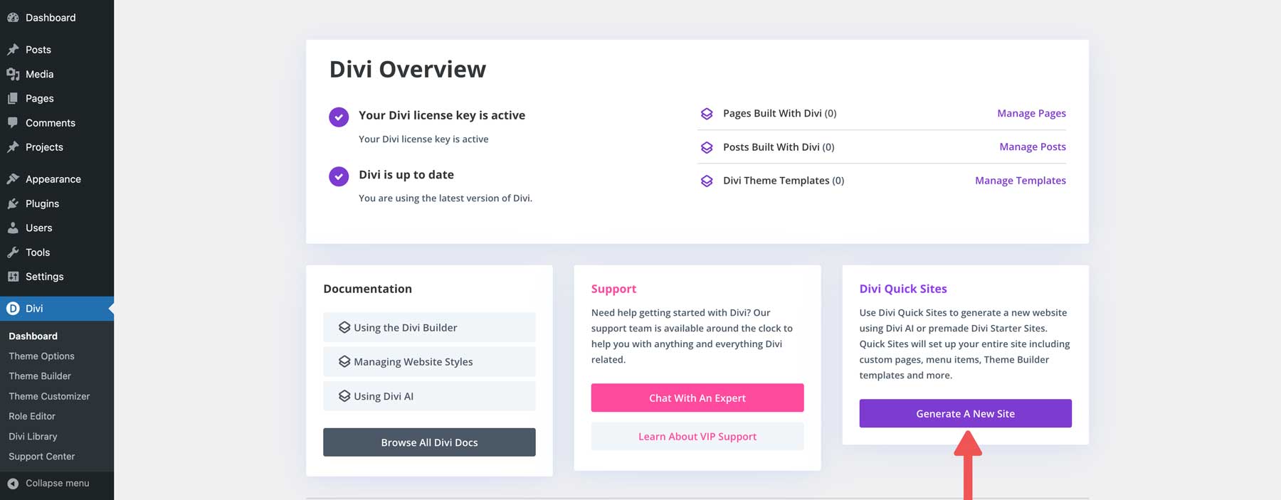 generate a new Divi website