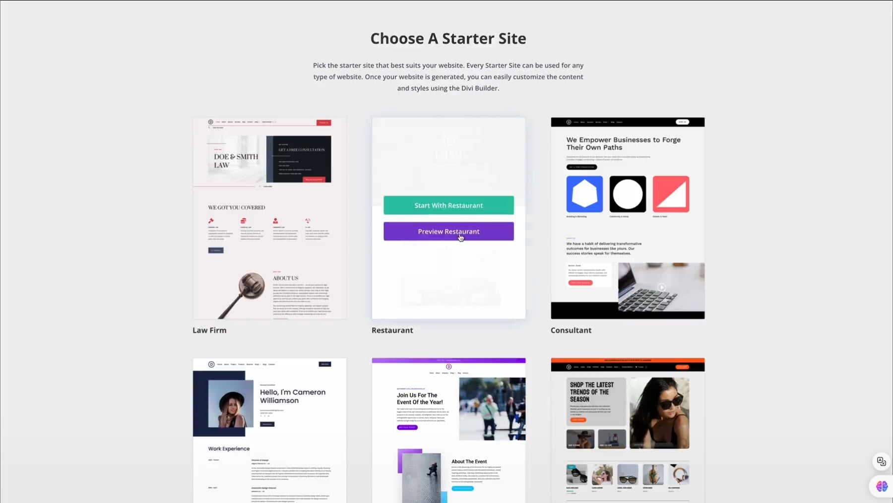 divi starter sites preview