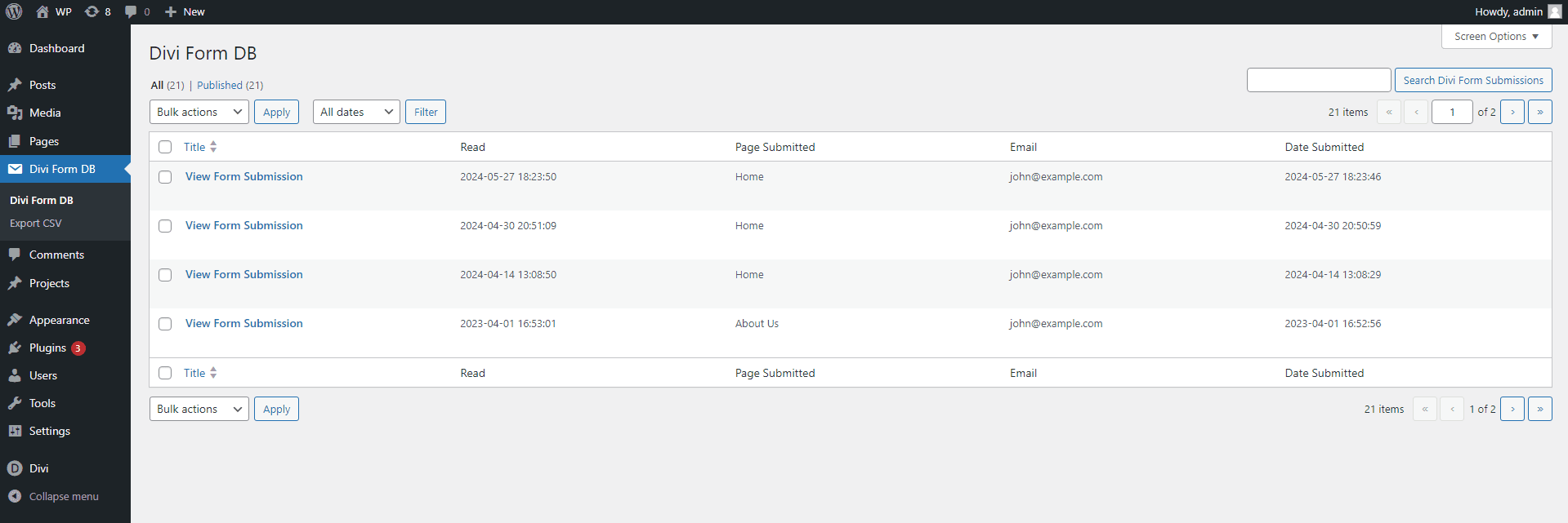 A screenshot of data entries saved through Divi Contact Form DB