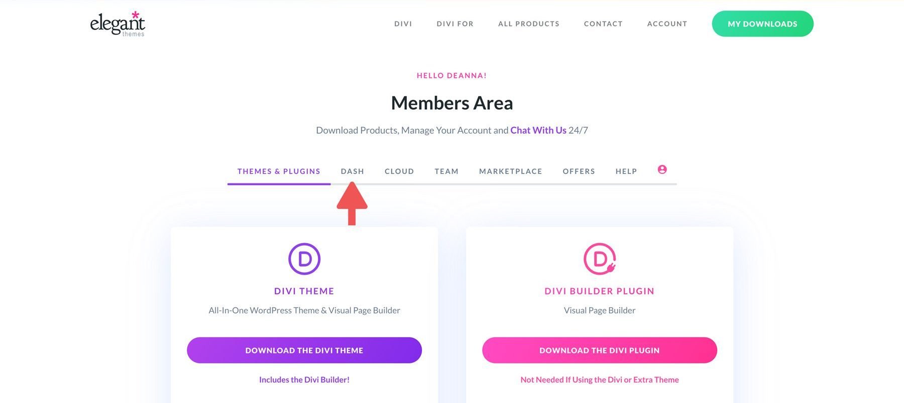 members area Divi Dash tab