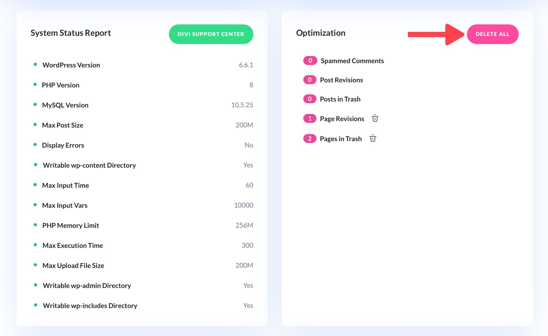 optimize database with Divi Dash