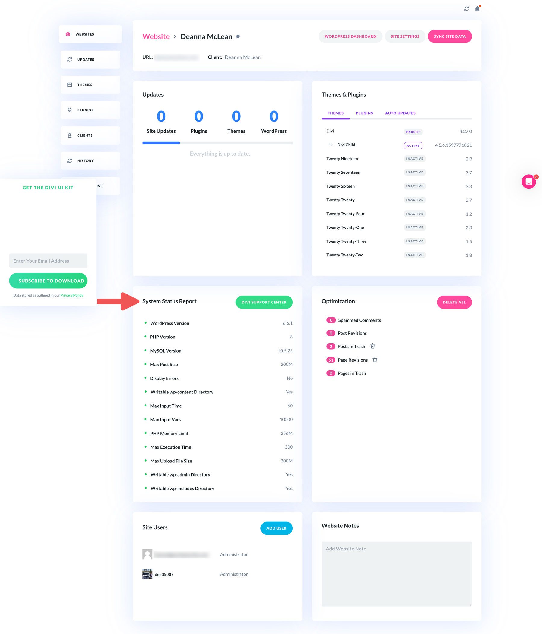 Divi Dash system status report 