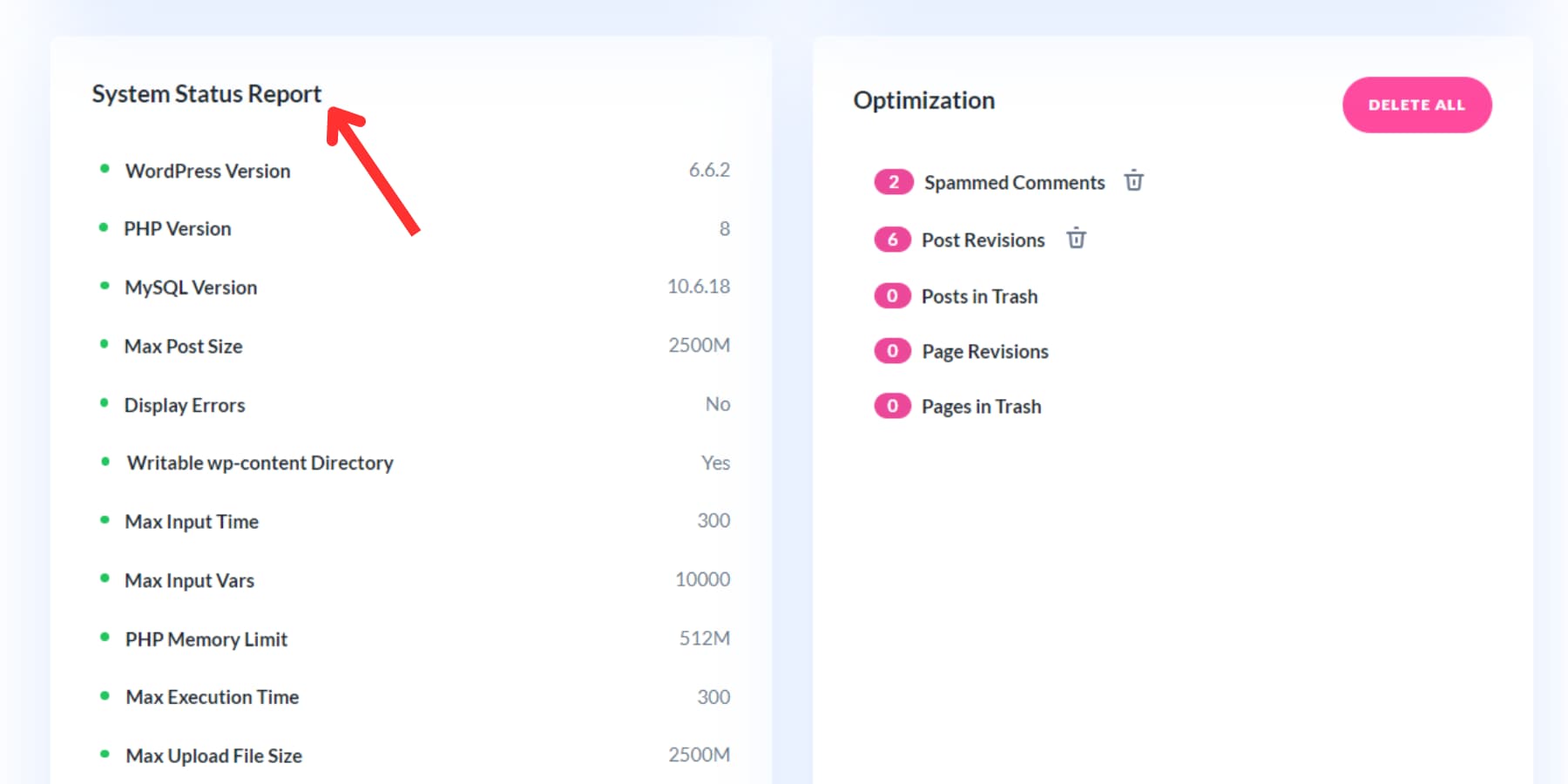 A screenshot of System Status Report on Divi Dash