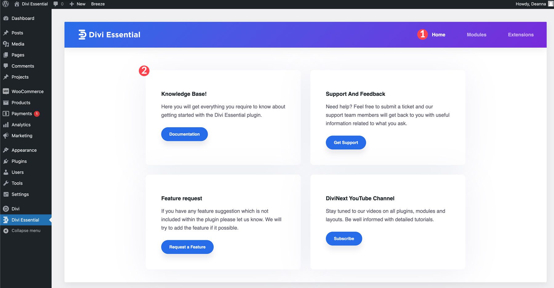 Divi Essential dashboard 