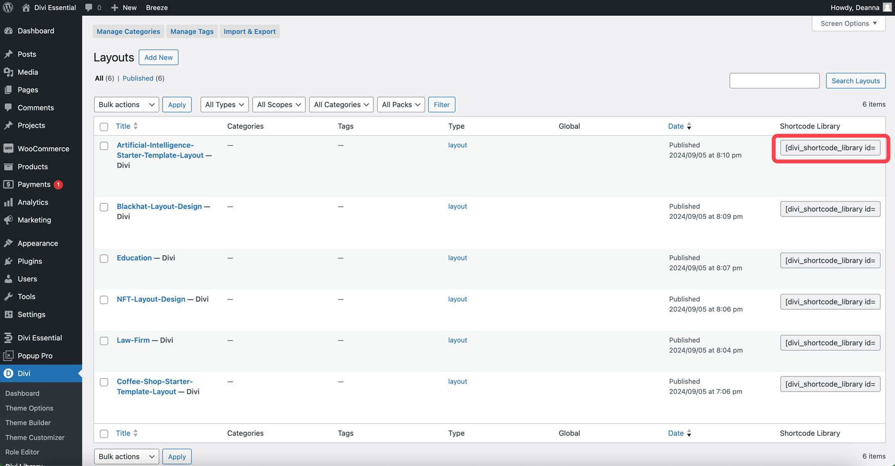 Divi Essential library shortcode