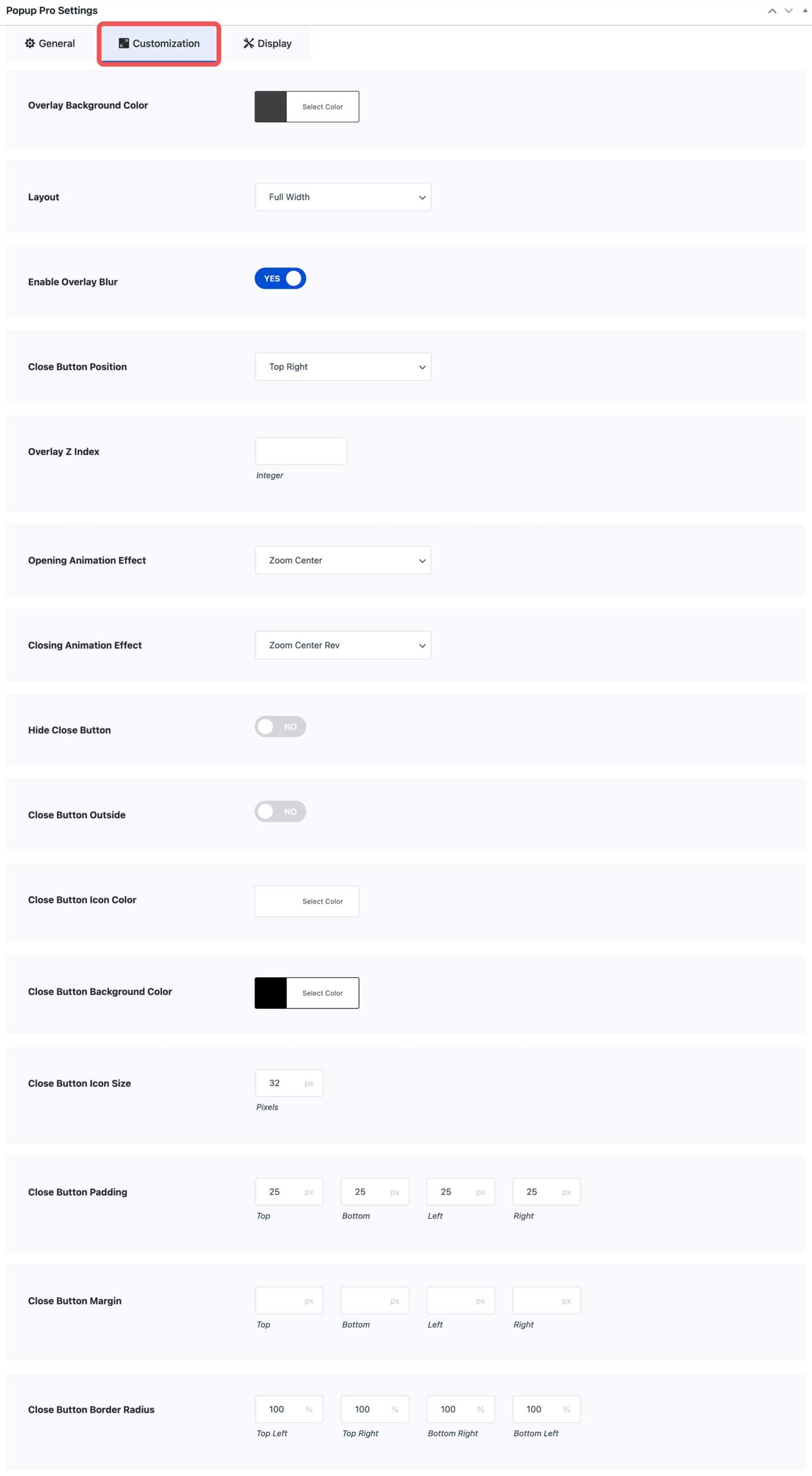 Divi Essential popup customization tab