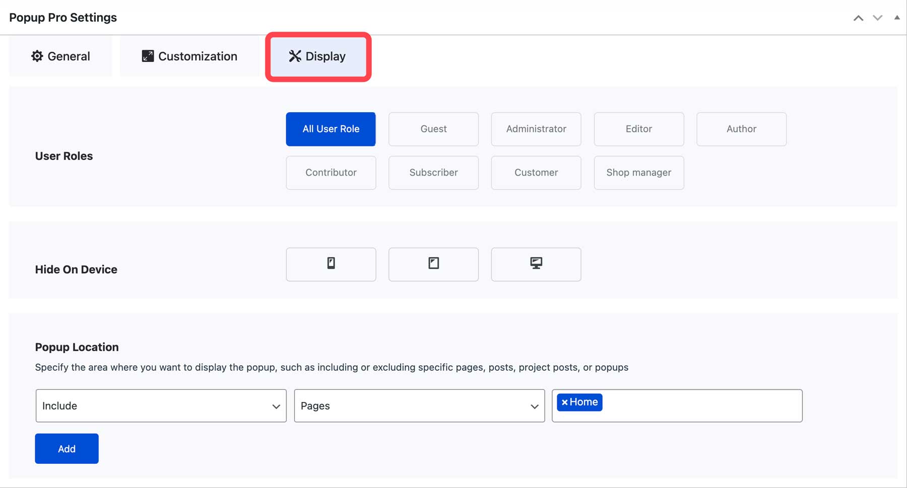 Divi Popup Pro Display settings