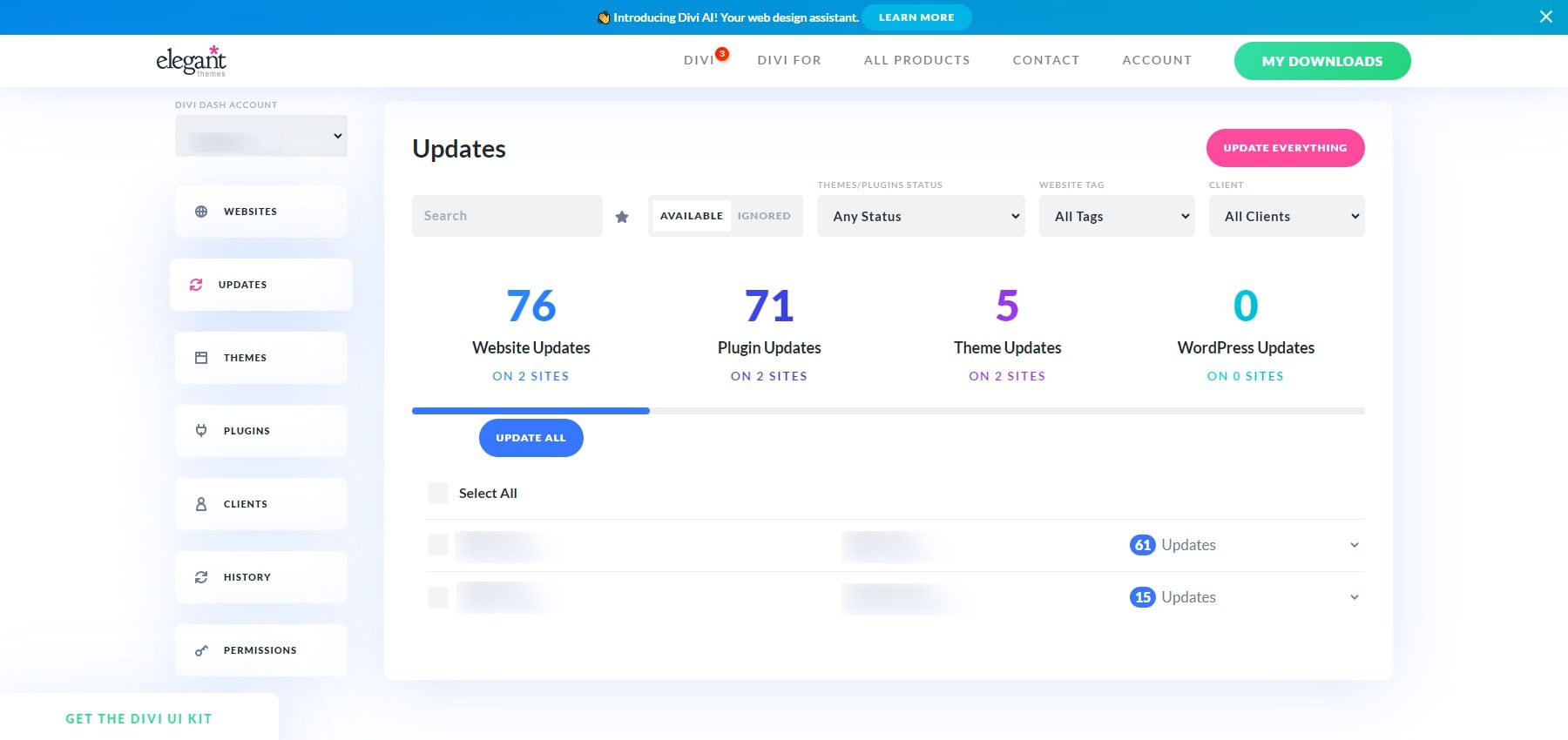 divi dash updates